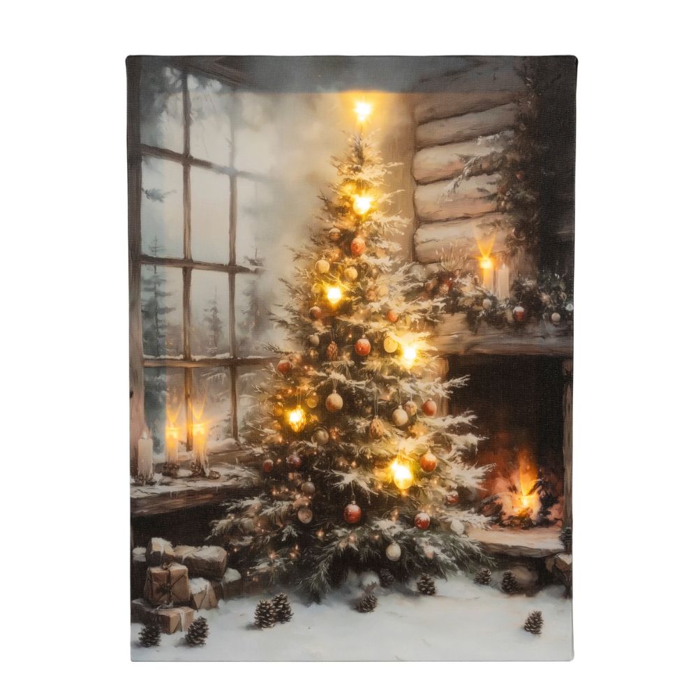 Decoris 38cm LED Christmas Tree & Fire Canvas - Warm White
