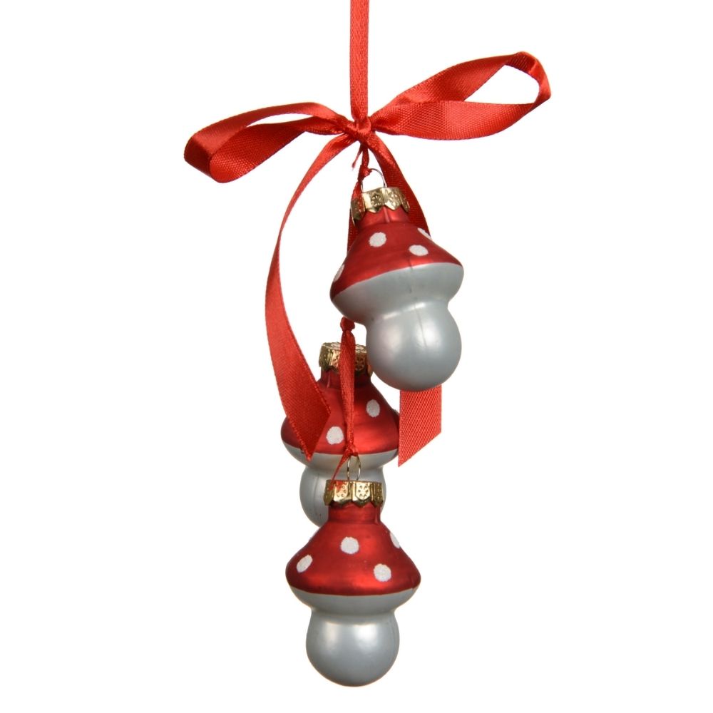 Decoris 4.5cm Glass Mushrooms on Ribbon Hanging Decoration - Red