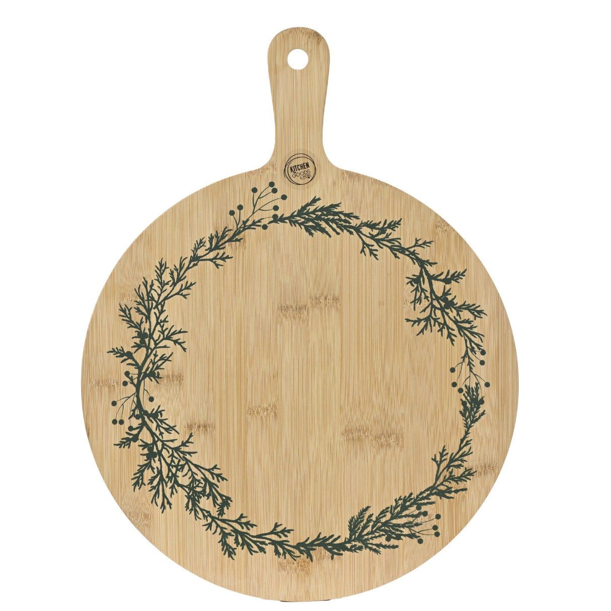Round wooden cutting board with green leaf pattern on a white background