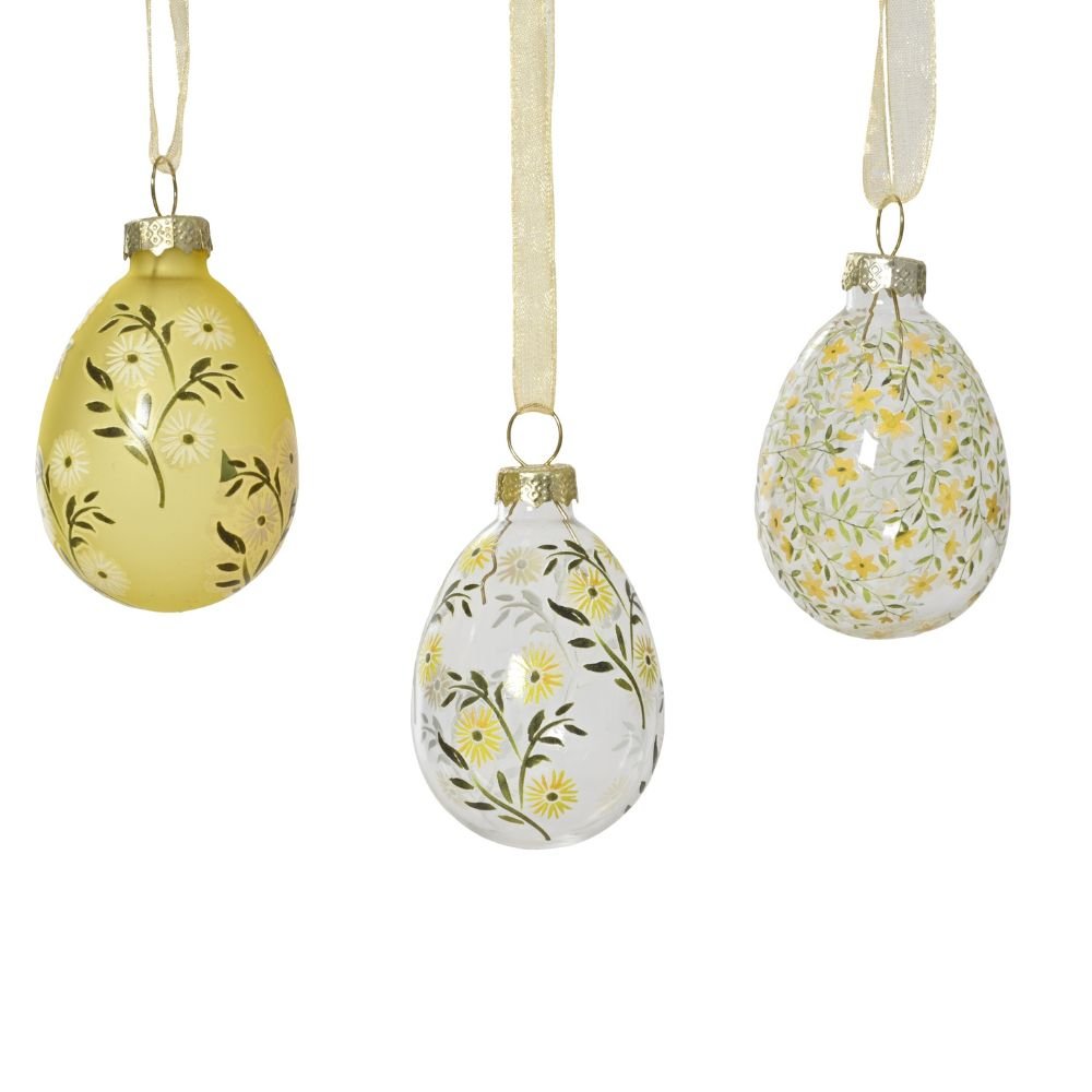 Decoris 6cm Decal Glass Egg with Flowers & Leaves (Choice of 3) - Old Railway Line Garden Centre