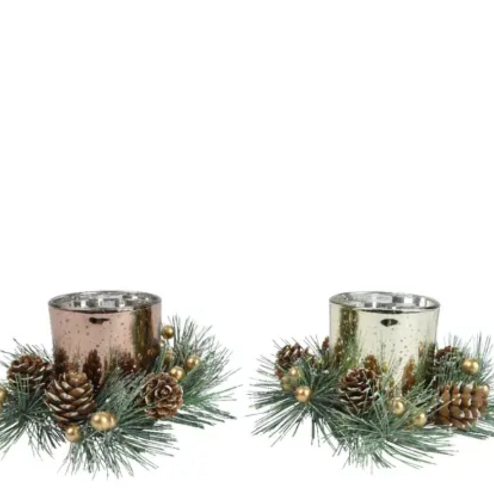 Decoris 8cm Glass Tea Light Holder with Wreath (Choice of 2)