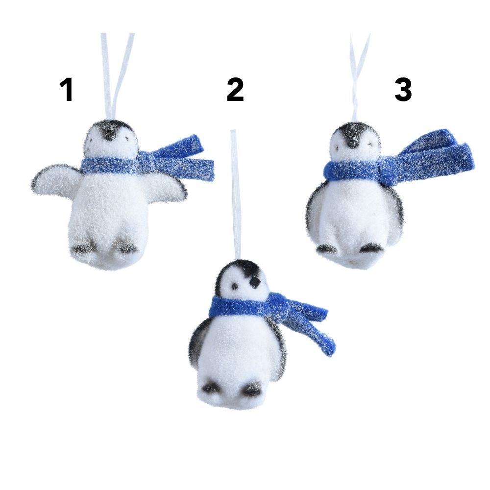 Decoris 9.5cm Flock Penguin Glitter Scarf Hanging Decoration - (Choice of 3)