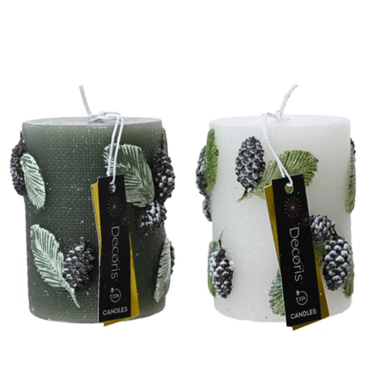Decoris 9.5cm Pillar Candle with Snowleafs (Choice of 2)