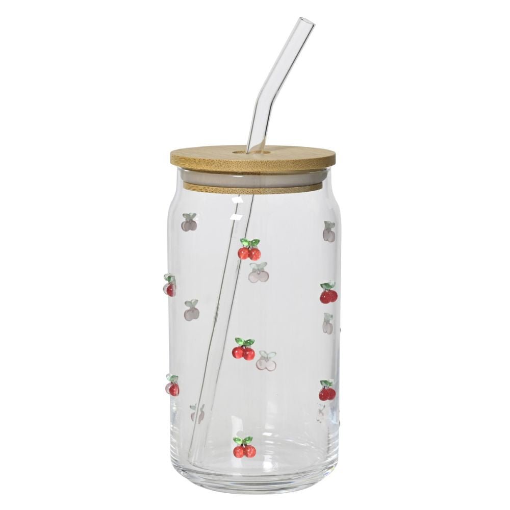 Decoris Drinking Glass With Lid & Straw - Cherries - Old Railway Line Garden Centre