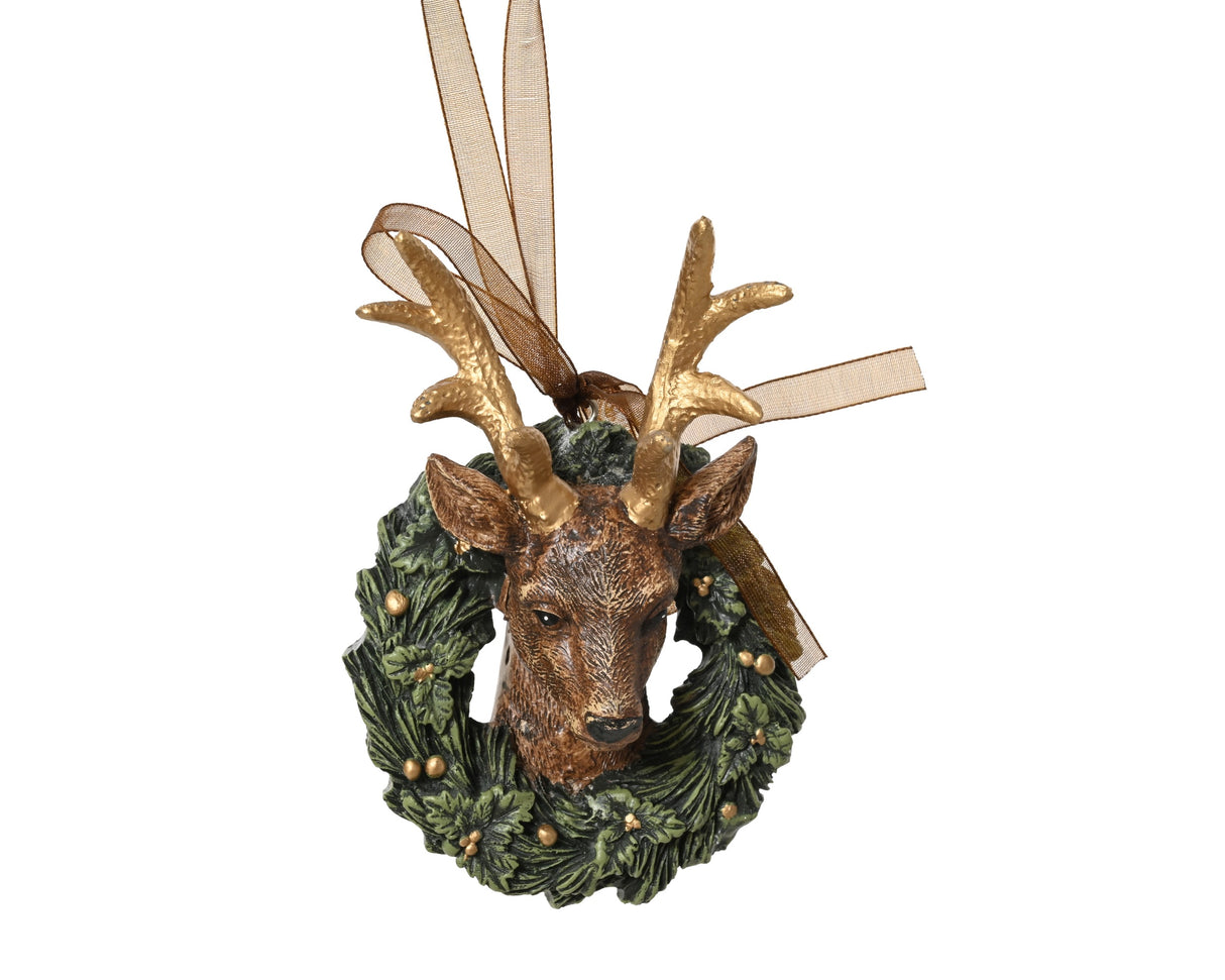 Decoris 10cm Resin Deer Head in Wreath Hanging Decoration - 535985