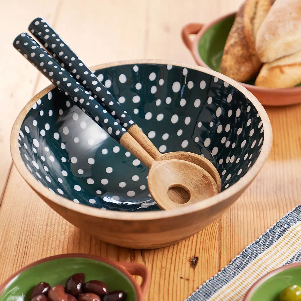 Dexam 27cm Sintra Mango Wood Spotted Salad Bowl - Ink Blue - Old Railway Line Garden Centre