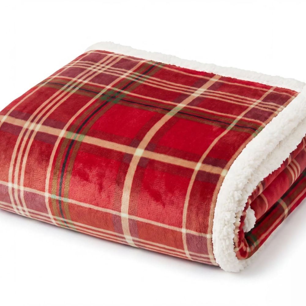 Deyongs 170cm Red Check Sherpa Fleece Throw