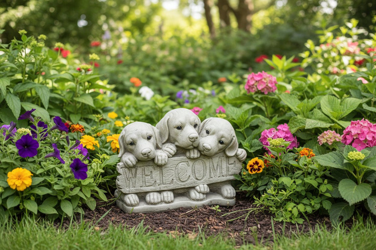 Dream Gardens 25cm Welcome Dogs Stone Garden Ornament - Old Railway Line Garden Centre