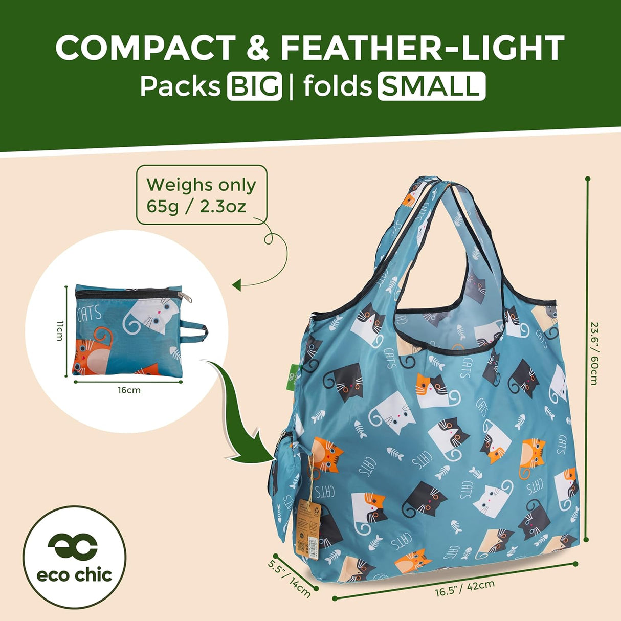 Eco Chic Foldable Reusable Large Shopping Bag Cartoon Cat - Old Railway Line Garden Centre