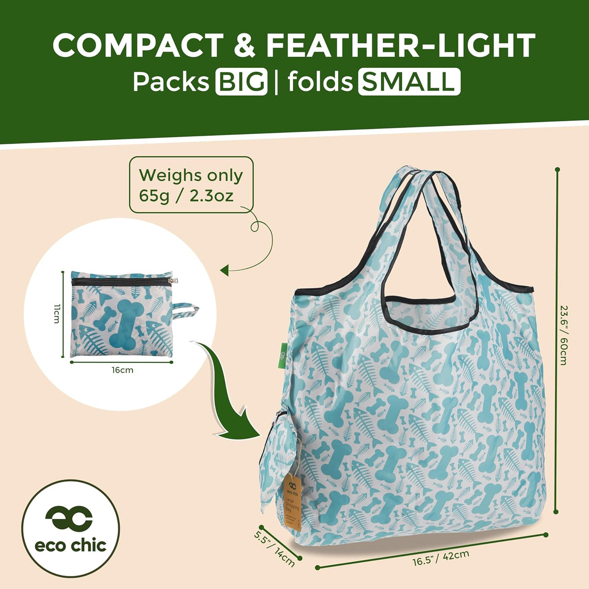 Eco Chic Foldable Reusable Large Shopping Bag Fish Bone - Old Railway Line Garden Centre