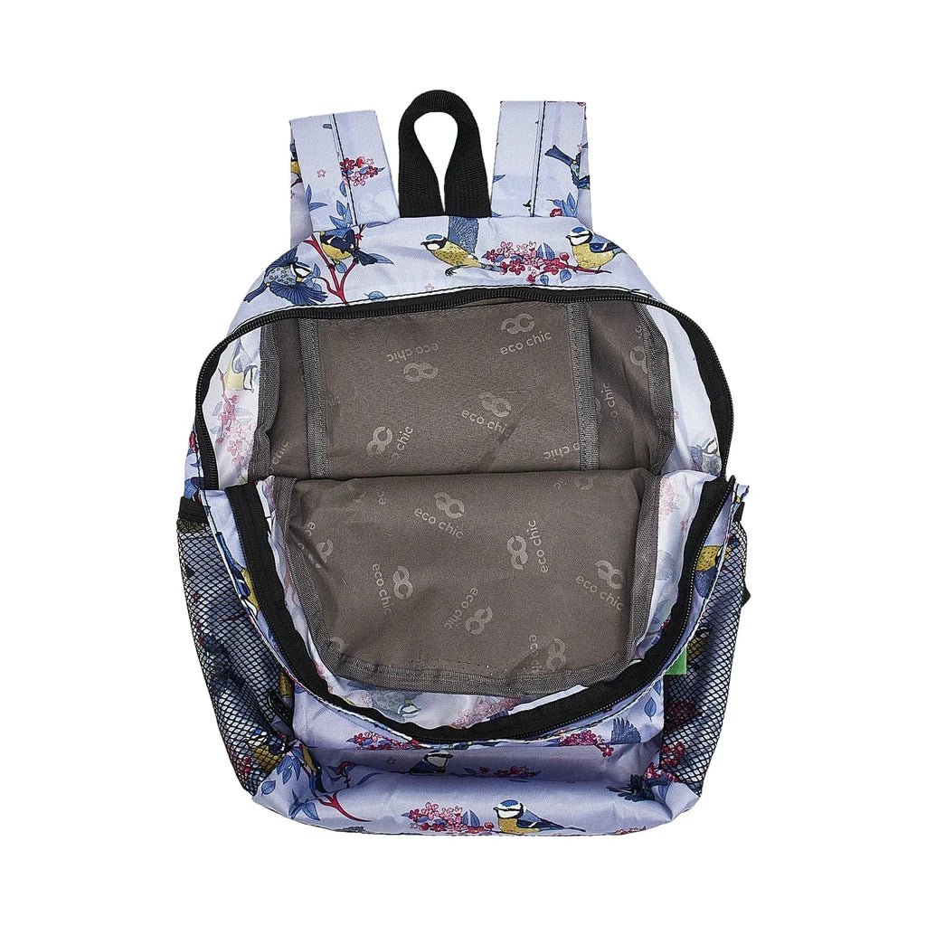 Eco Chic Lightweight Foldable Mini Backpack Blue Tits - Old Railway Line Garden Centre