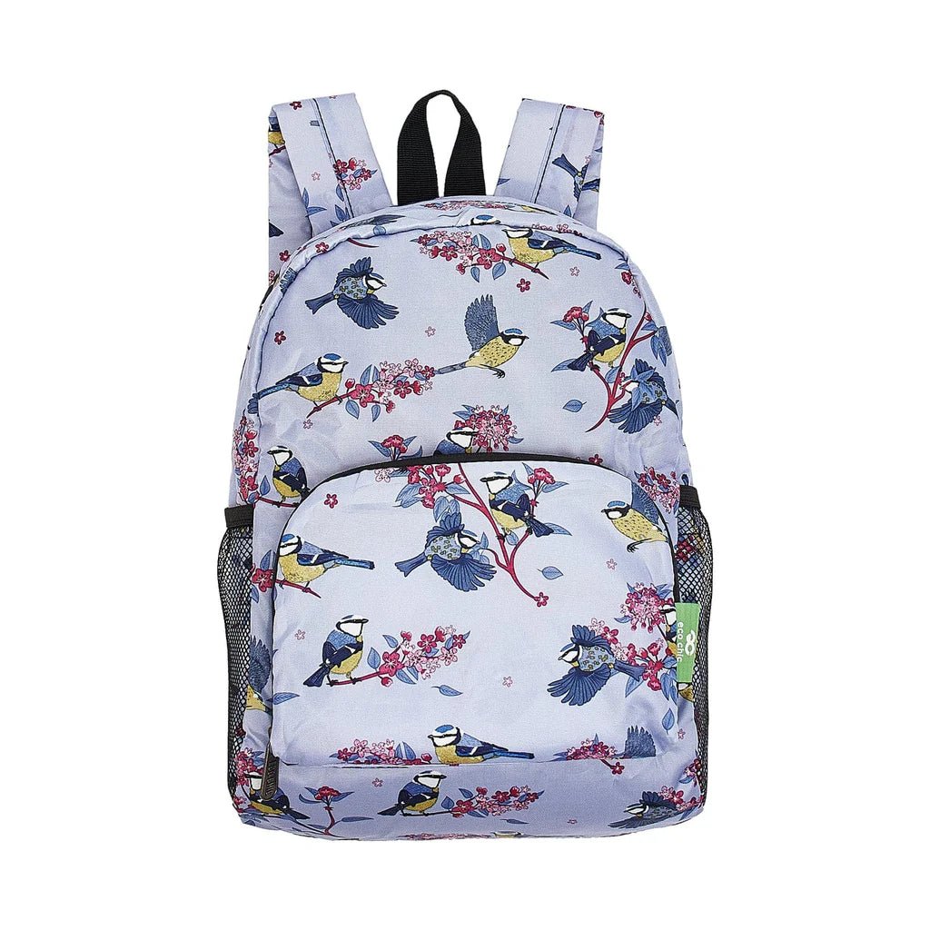 Eco Chic Lightweight Foldable Mini Backpack Blue Tits - Old Railway Line Garden Centre