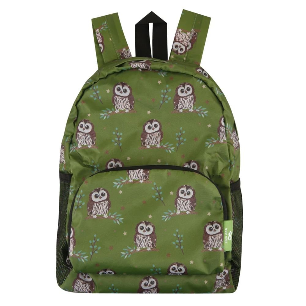 Eco Chic Lightweight Foldable Mini Backpack Tawny Owl - Green - Old Railway Line Garden Centre