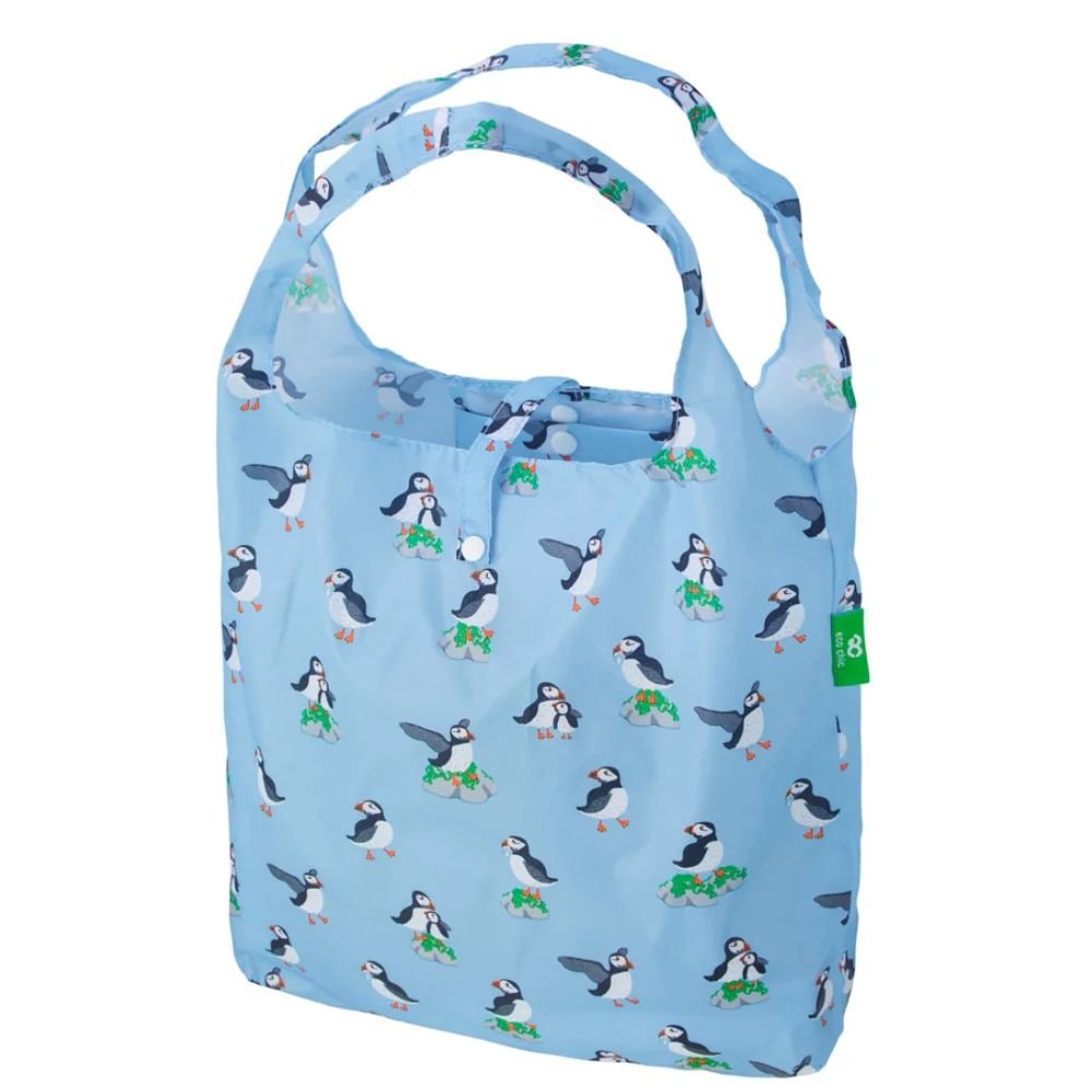 Eco Chic Lightweight Foldable Reusable Shopping Bag - Blue Multi Puffin - Old Railway Line Garden Centre