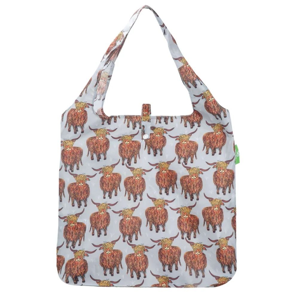 Eco Chic Lightweight Foldable Reusable Shopping Bag - Grey Highland Cow - Old Railway Line Garden Centre