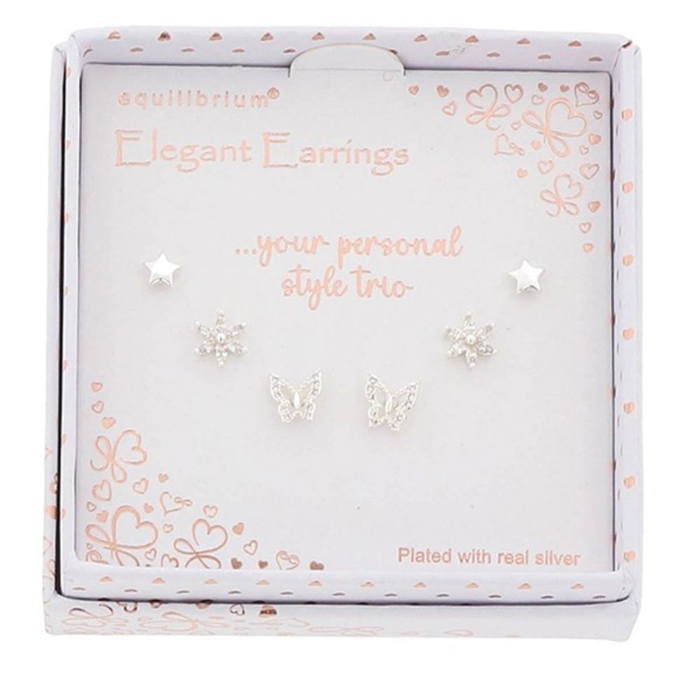 Equilibrium 3 Pairs Silver Plated Earrings Butterfly Flower Star