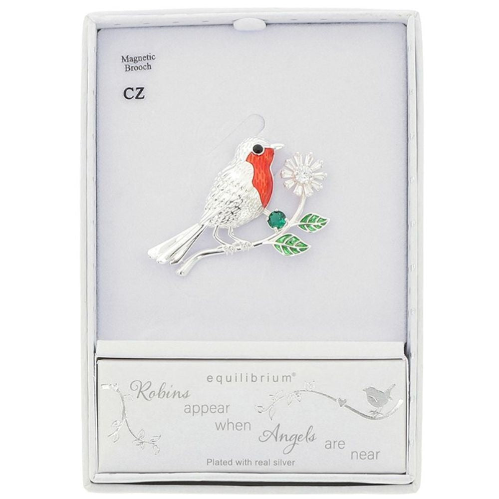 Equilibrium 5cm Robins Appear Flower Brooch - Silver - Old Railway Line Garden Centre