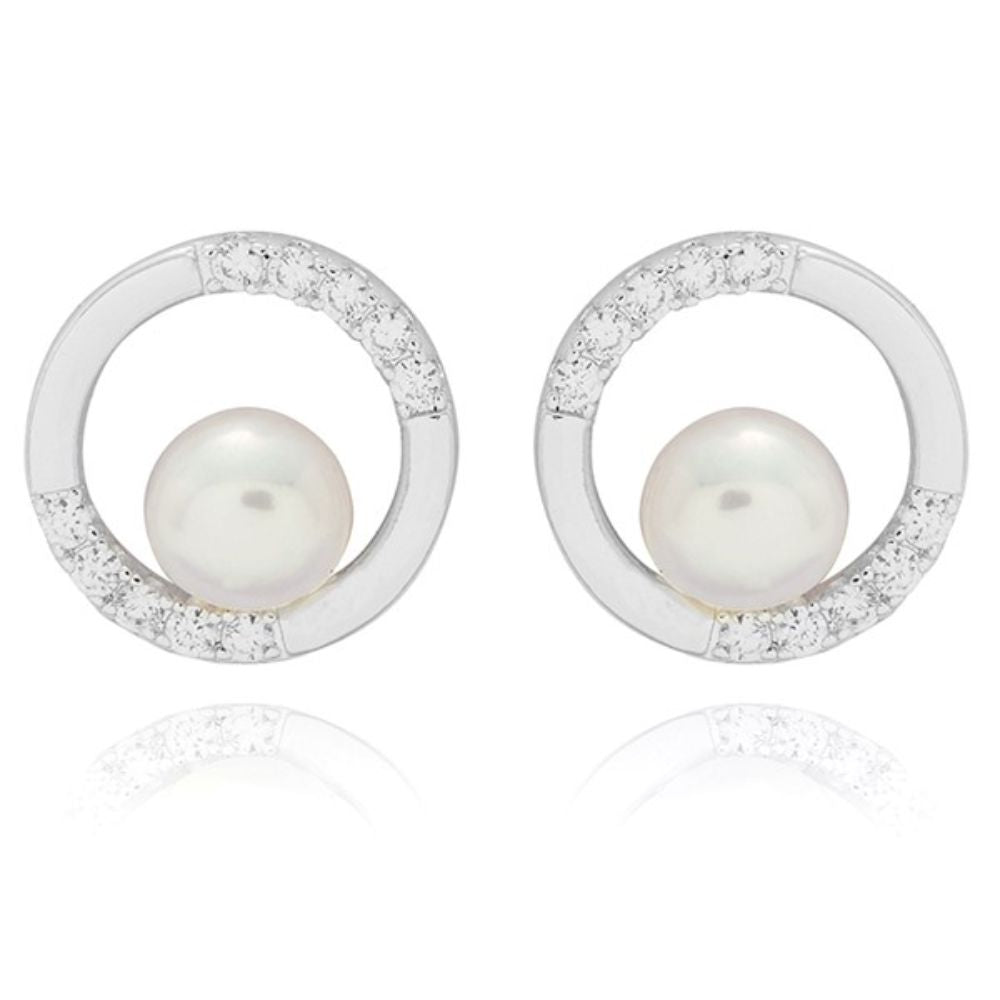 Equilibrium Elegant Freshwater Pearl Circle Silver Plated Earrings