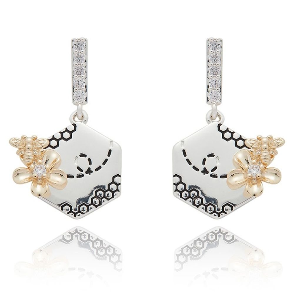 Equilibrium Honey Bee Honey Comb Two Tone Drop Earrings - Old Railway Line Garden Centre