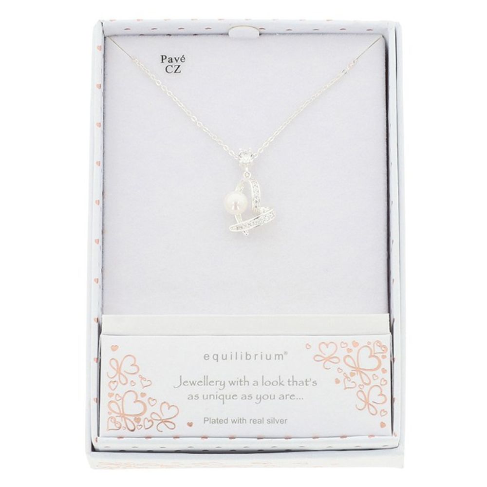 Equilibrium Pearl Crossover Heart Silver Plated Necklace