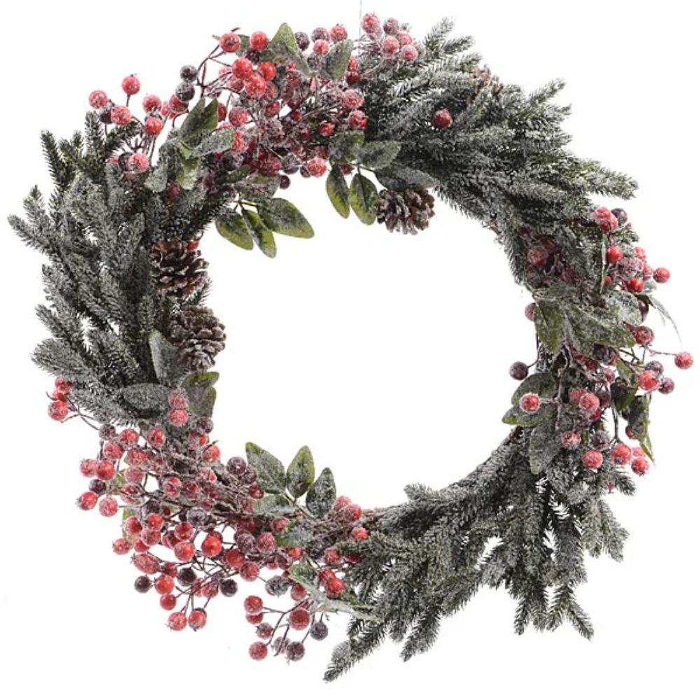 Everlands 60cm Frosted Red Berries & Pinecones Wreath