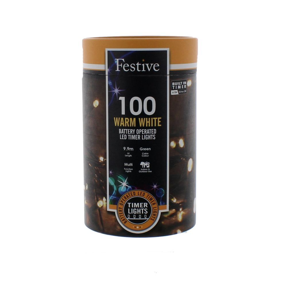 Festive 100 Warm White LED Battery Operated String Lights (9.9m)