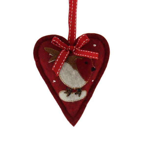 Festive 10cm Felt Robin Heart Hanging Decoration - Red