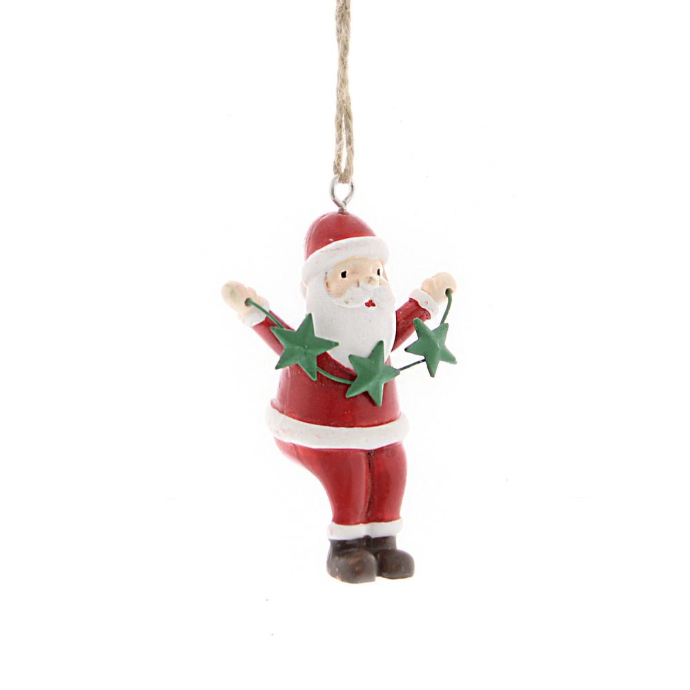 Festive 10cm Hanging Polyresin Santa Holding Green Stars