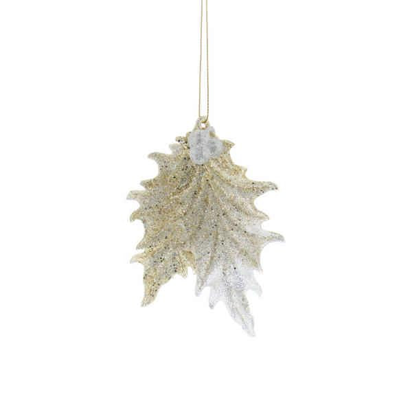 Festive 11cm Glitter Holly Leaf Hanging Decoration - White/Gold
