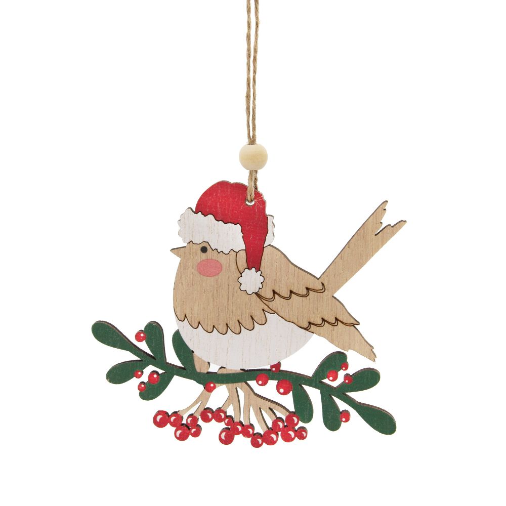 Festive 11cm Wooden Robin Hanging Decorations