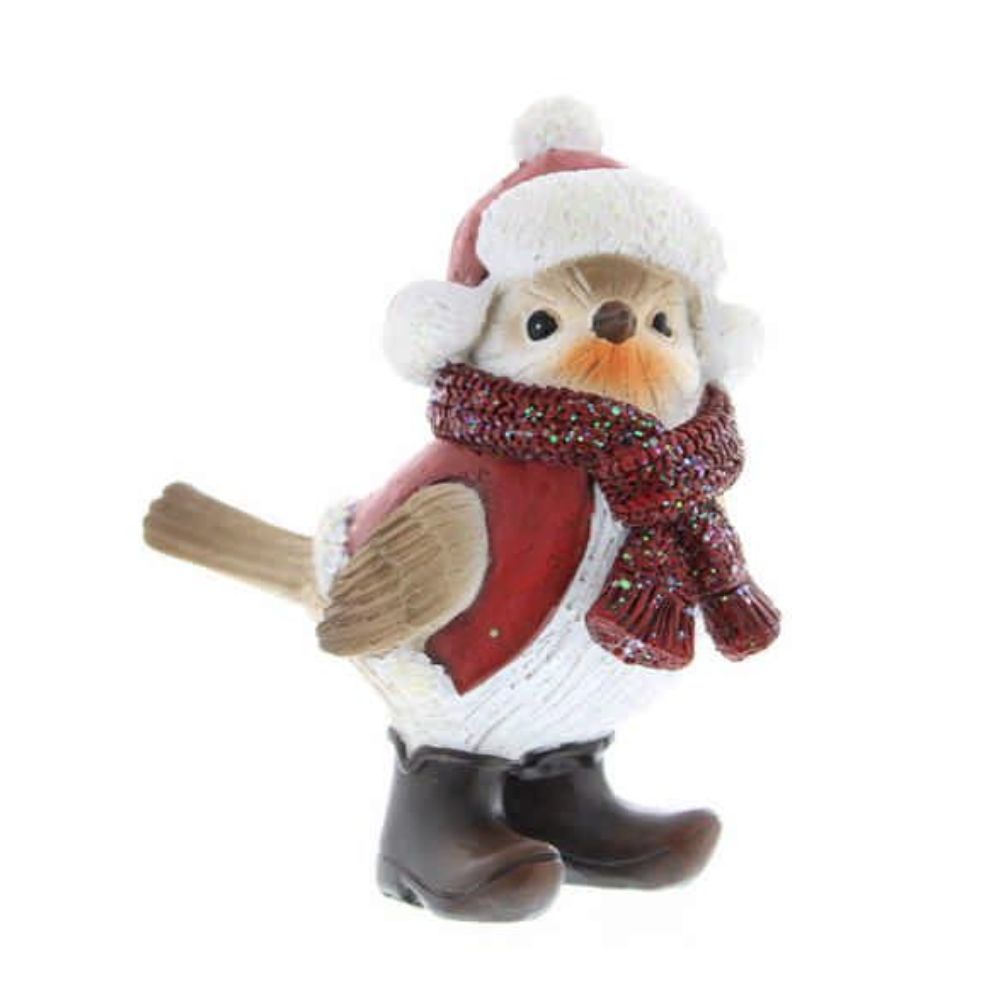 Festive 12cm Polyresin Robin with Red Scarf