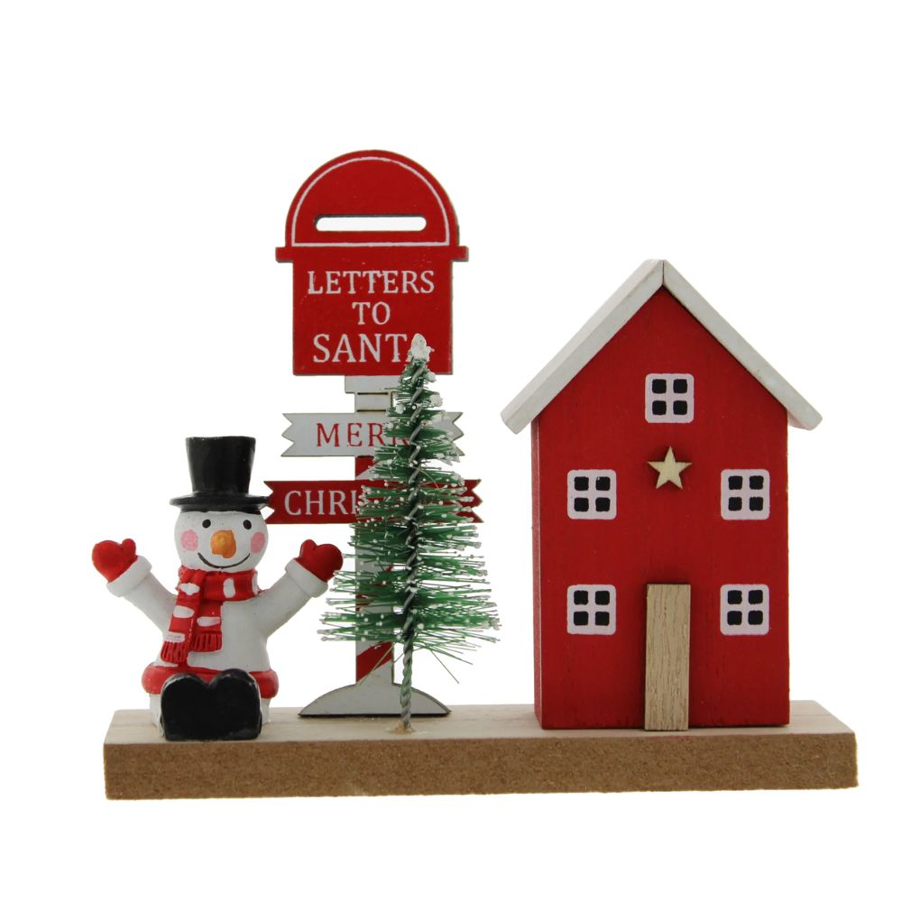 Festive 12cm Red Wooden House & Snowman Ornament