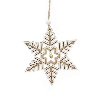 Festive 12cm Wooden Snowflake with Bell Hanging Decoration - White