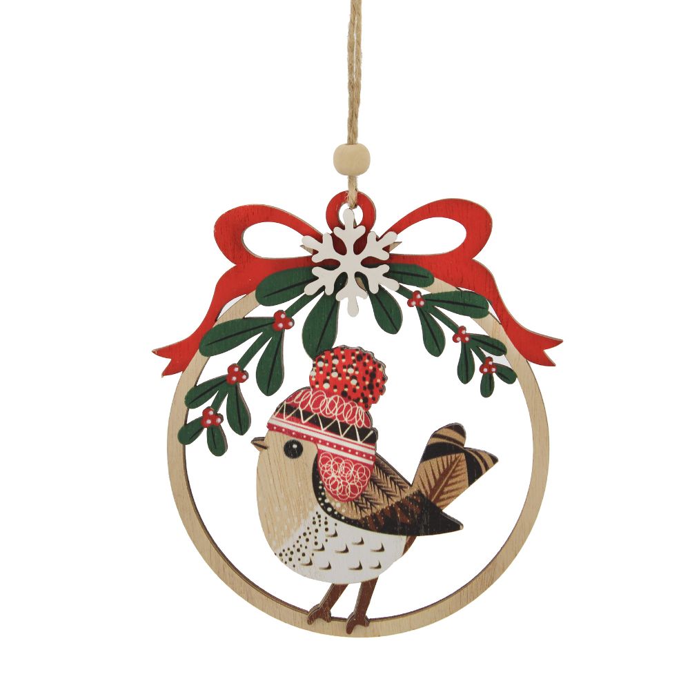 Festive 13cm wooden Robin Under Mistletoe Hanging Decoration