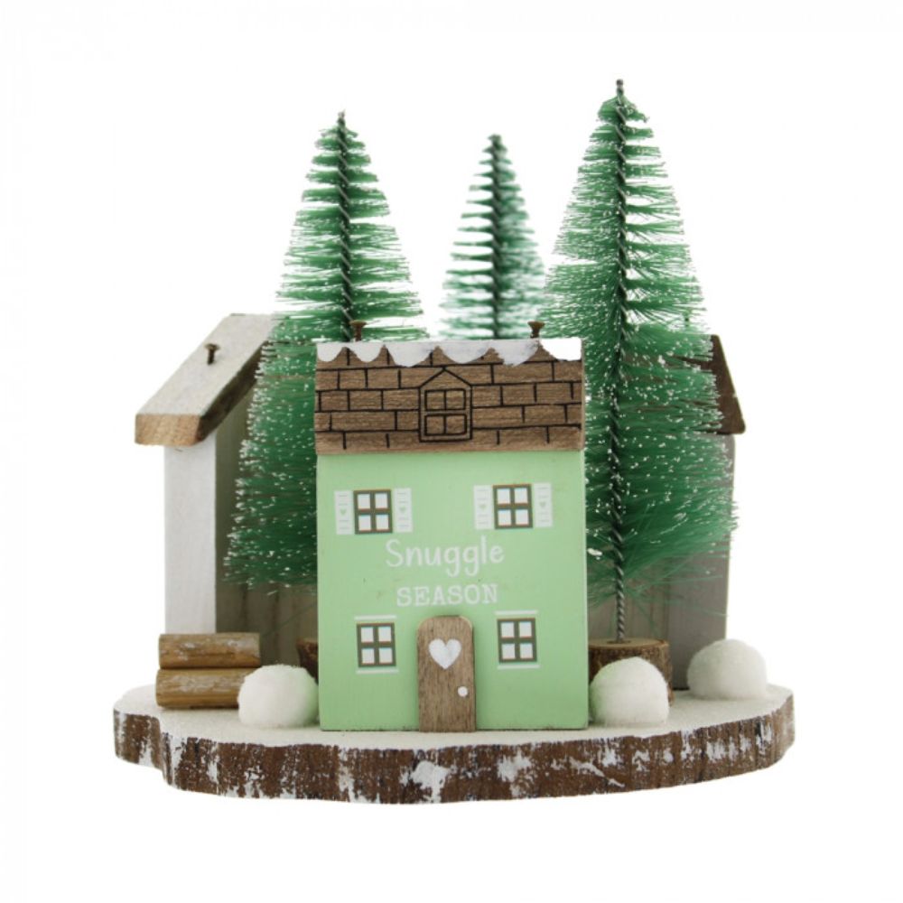 Festive 16cm Green Wooden Triple House Christmas Ornament