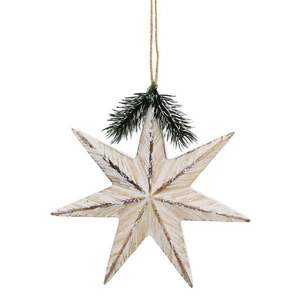 Festive 16cm Wooden Washed Star Hanging Decoration - White