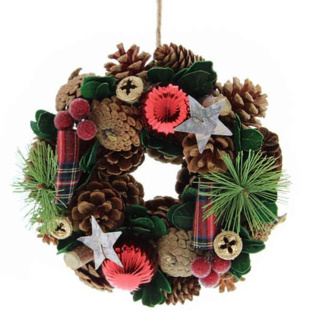 Festive 18cm Wreath with Pinecones & Tartan Ribbon