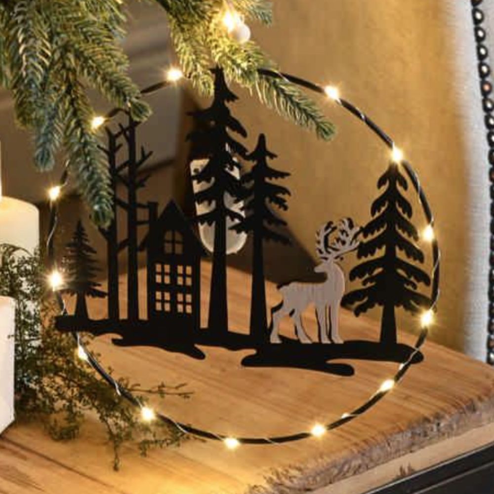 Festive 20cm LED Warm White Lit Metal Circle with Reindeer