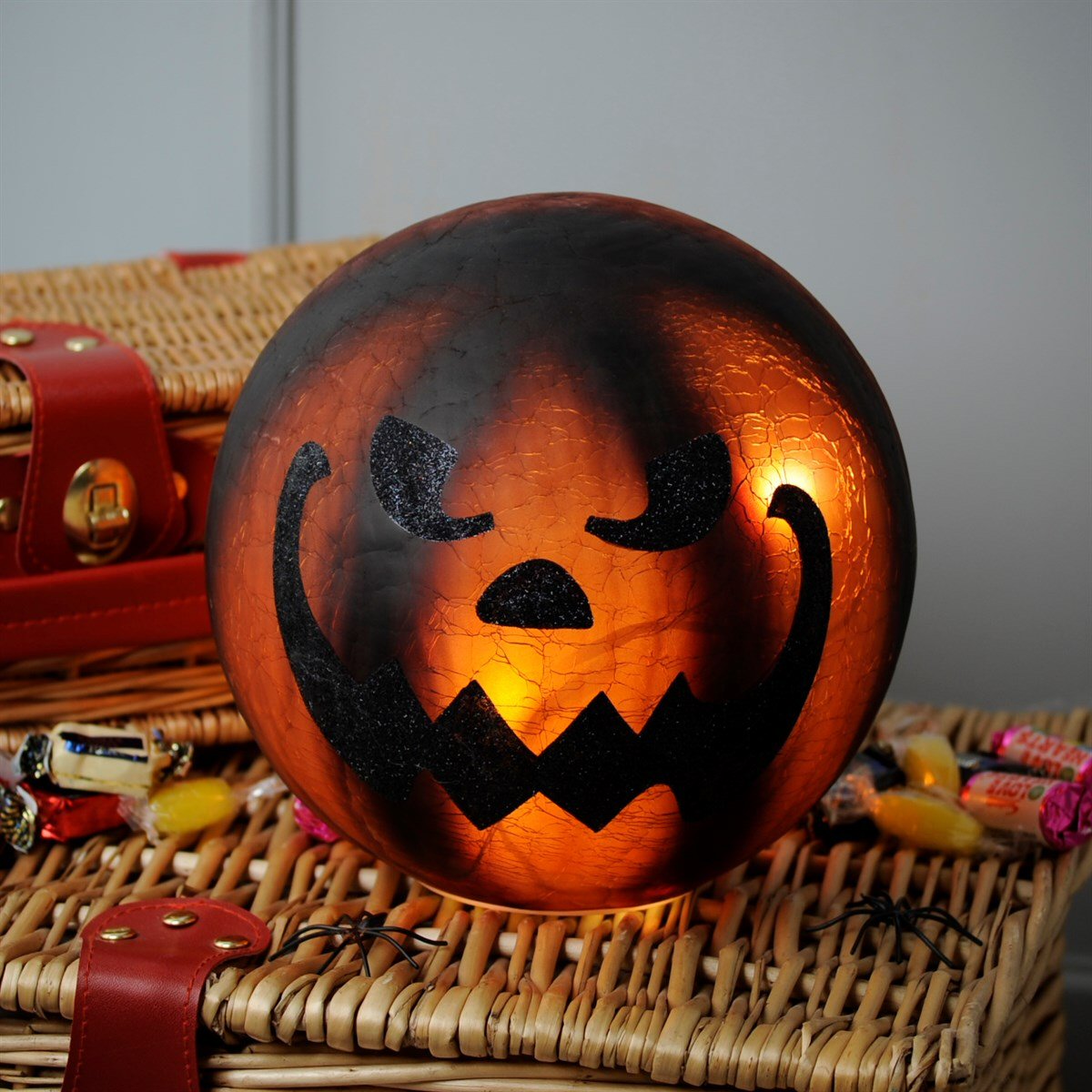 Festive 20cm Lit Pumpkin Crackle Glass Ball