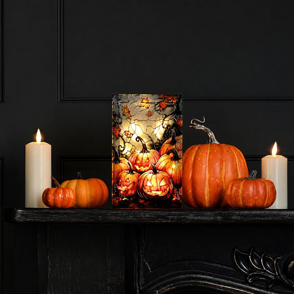 Festive Lit Stained Glass Pumpkin Decoration, 21cm