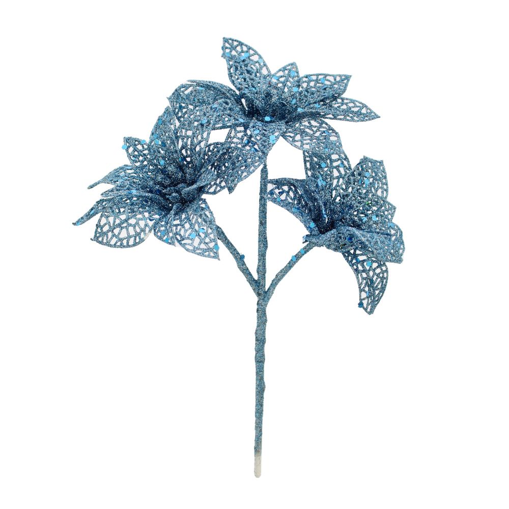 Festive 22cm Ice Blue Glitter Poinsettia Pick