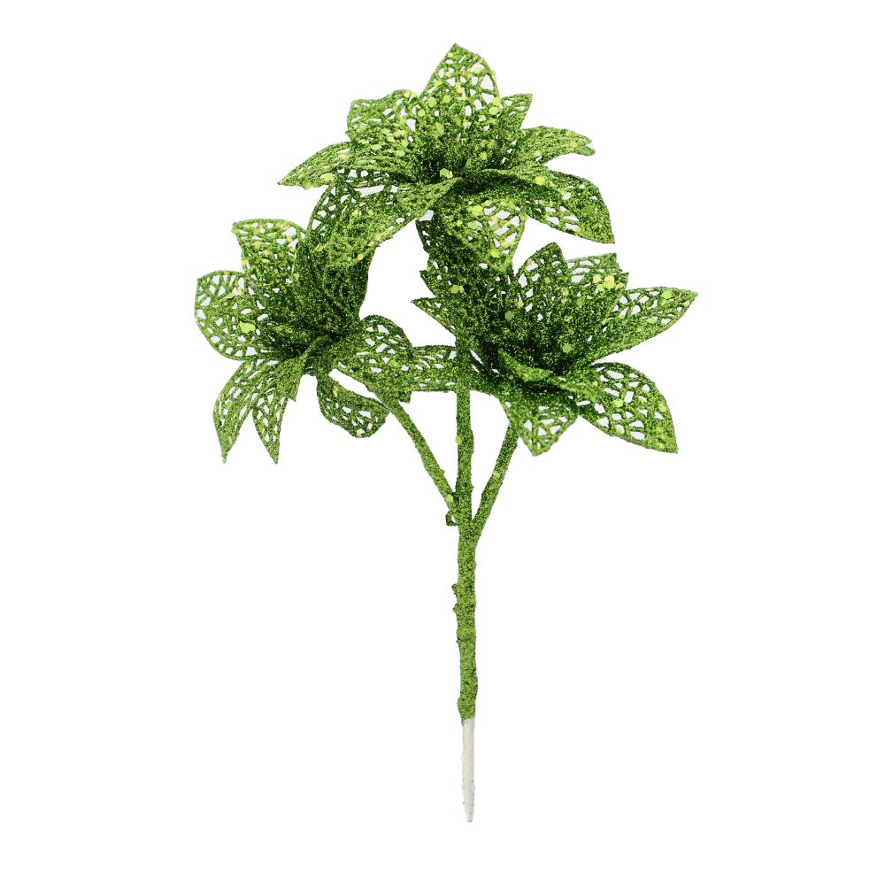 Festive 22cm Lime Green Glitter Poinsettia Pick