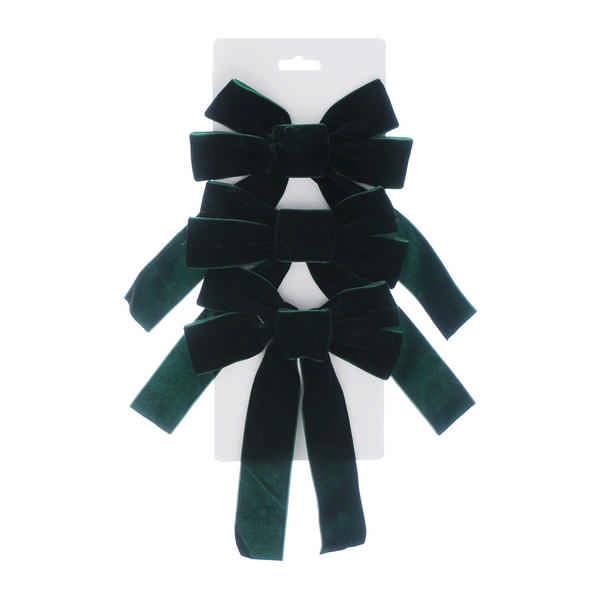 Festive 24cm Velvet Bow Clip Tree Decoration - Dark Green - (Pack of 3)