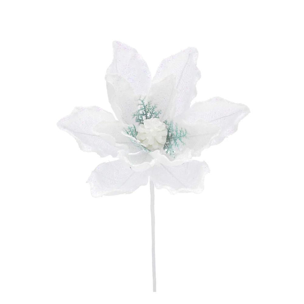 Festive 40cm White Glitter Flower Stem
