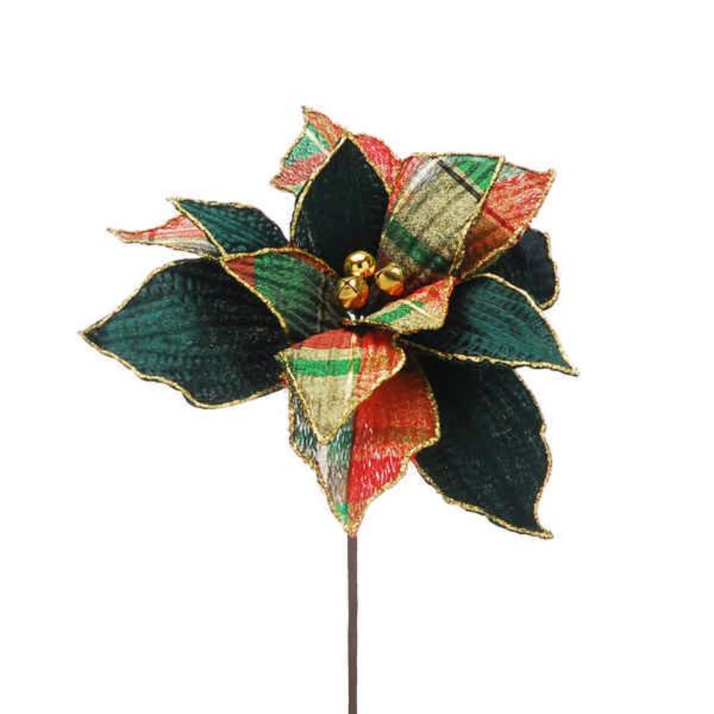 Festive 45cm Green/Red Tartan Poinsettia Artifical Stem
