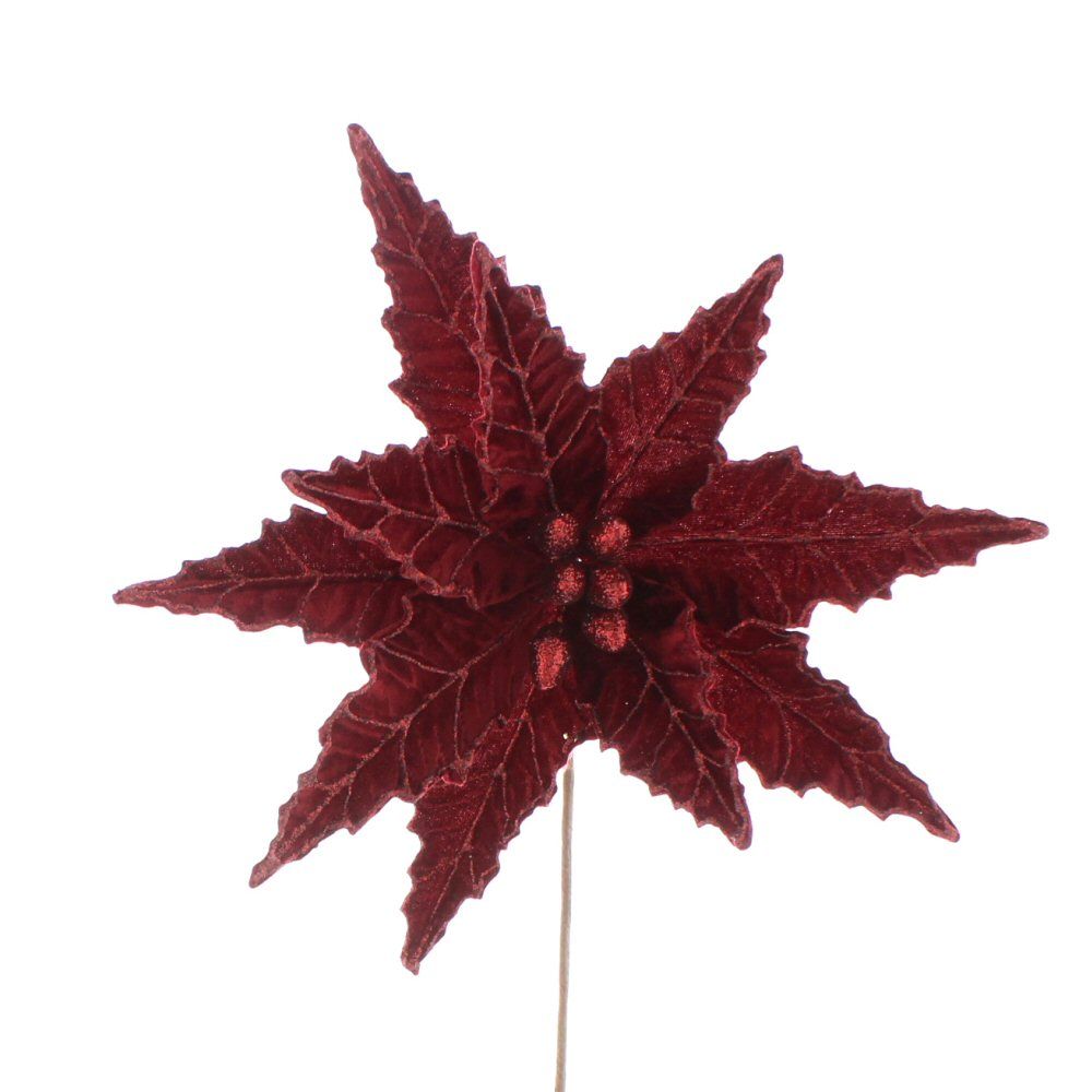 Festive 50cm Burgundy Velvet Artificial Poinsettia Stem