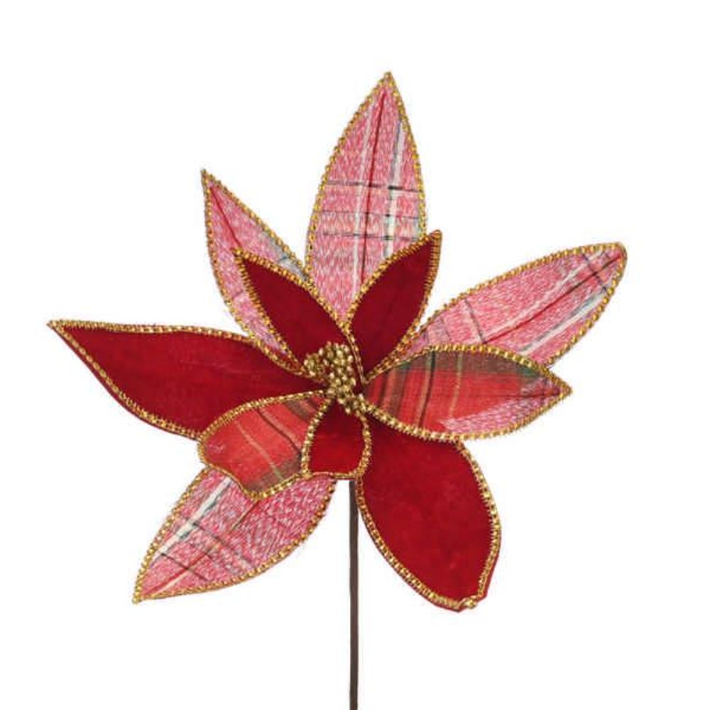 Festive 58cm Red Velvet / Tartan Poinsettia Artifical Stem
