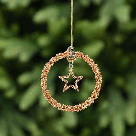 Festive 8cm Glitter Glass Star Ring Hanging Decoration - Gold