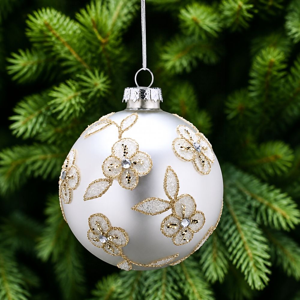 Festive 8cm Matt Silver Glass Ball - Glitter Flower
