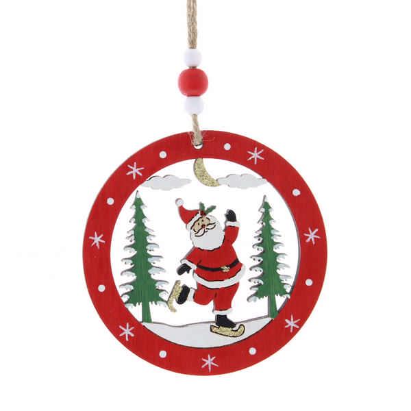 Festive 9cm Santa Skating Wooded Round Hanging Decoration